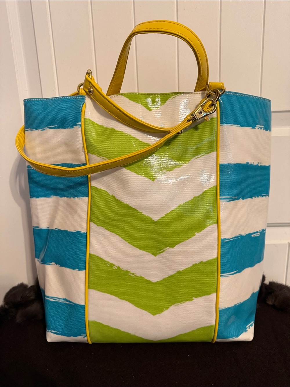 lindsay phillips Blue, Green & Yellow Chevron Canvas Tote